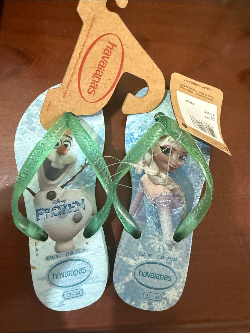 Disney Frozen Kids Flip Flops with Green Straps and Blue